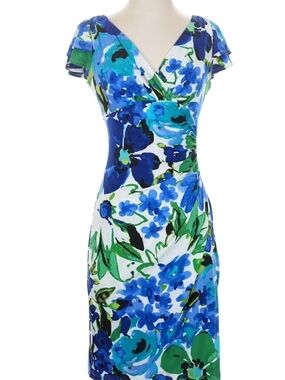 Ralph Lauren Blue & Green Floral Wrap-Style Midi Dress